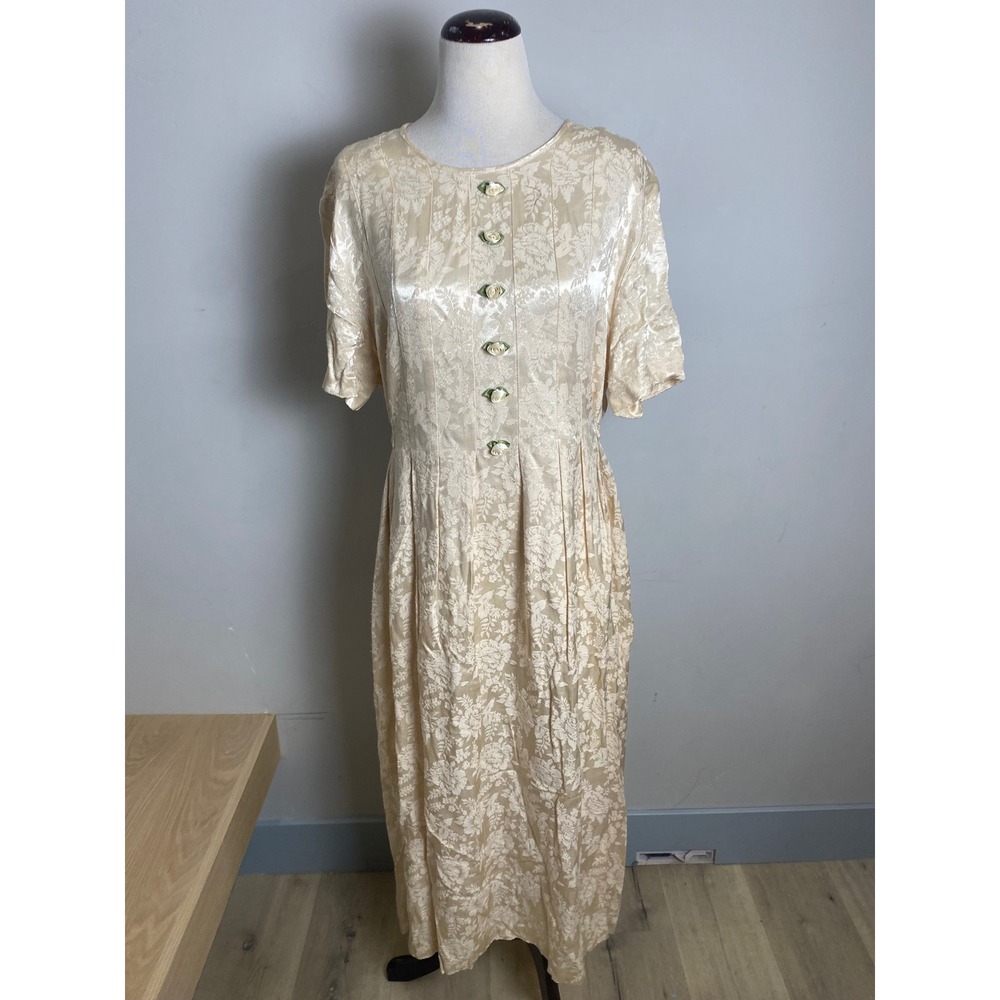 Vintage 90s Floral Satin Jacquard Maxi Dress Cream Rosebud Button Tie Back L